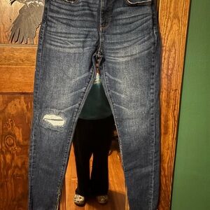 LOFT Dark Blue Skinny Jeans with Distressed Knee